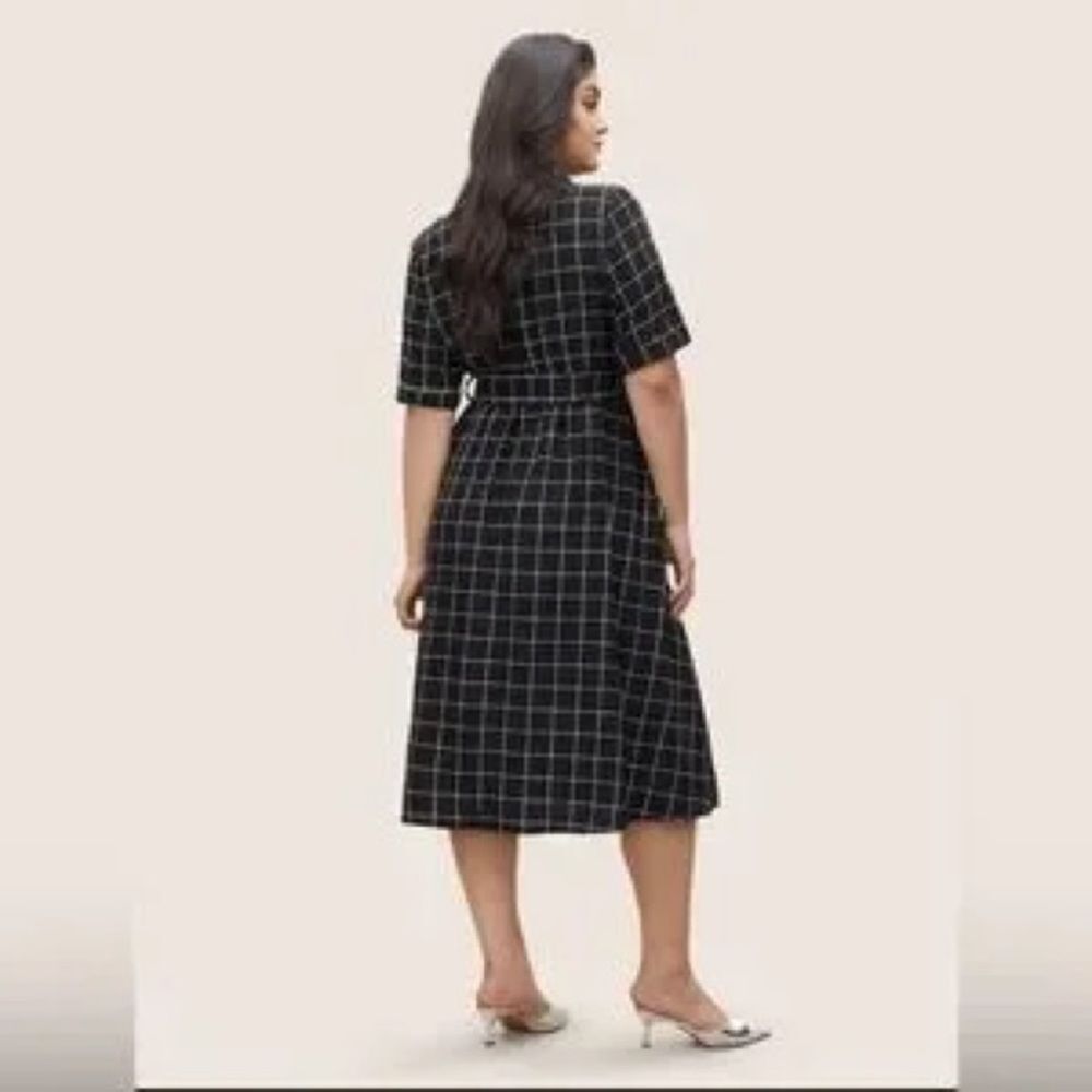 NWT BloomChic Black Windowpane Midi Shirt Dress with Tie Waist - Picture 2 of 5